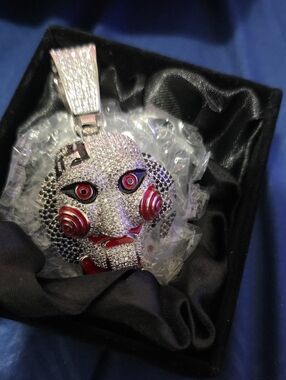 Red and Silver Crystal Jigsaw Mask Pendant Necklace